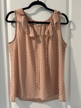 LOFT Blush Pink Polka Dot Ruffle Neck Sleeveless Top